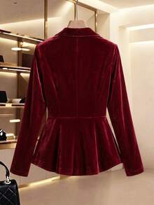 Women's Autumn/Winter Elegant Commute Holiday High-Quality Chinese Style Frog Button Decor Cinched Waist A-Line Long Sleeve Blazer - Burgundy - View 2