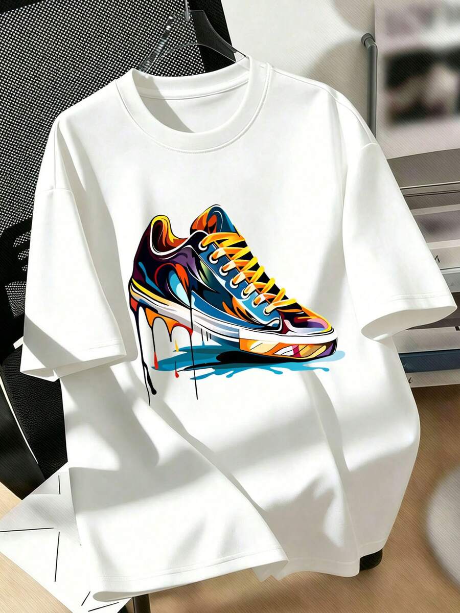 Men's Loose Fit Colorful Sneaker Print Short Sleeve T-Shirt, Plus Size Casual Top | Exquisite Design | Summer Essential | Easy To Match, Show Your Style - White - View 1
