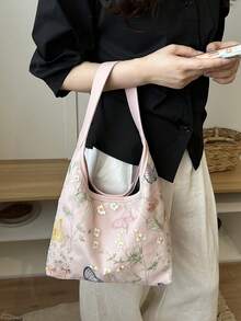 女款休閒大容量新中式刺繡包 2026新款通勤單肩包 隨性托特水桶包 - 粉色 - 查看 1