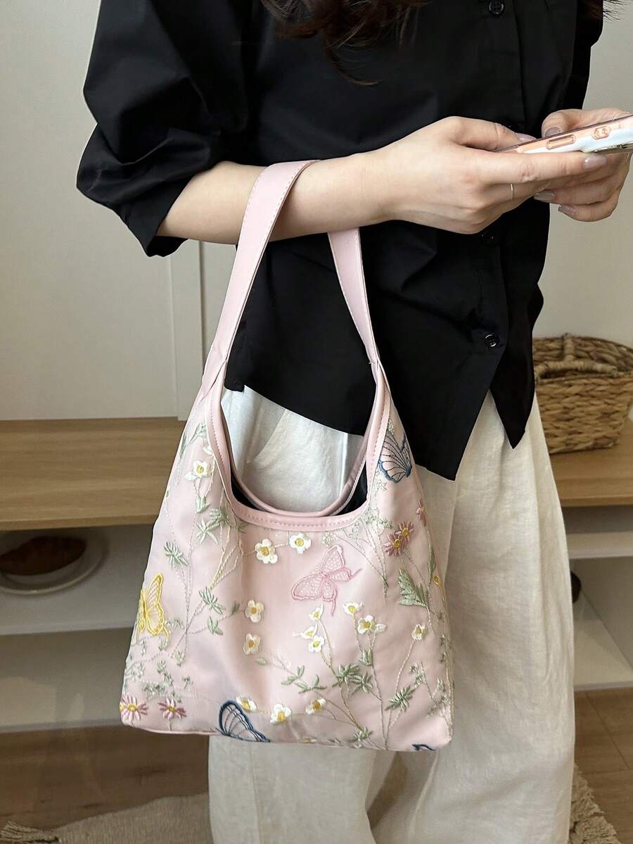 女款休閒大容量新中式刺繡包 2026新款通勤單肩包 隨性托特水桶包 - 粉色 - 查看 1