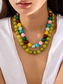 1/2pcs Layered Mixed Color Resin Beaded Necklace Set, Multi-Color Exaggerated Round Ball Choker, Women's Bold Dual-Tone Layered Bead Necklace - Multicolor - View 8