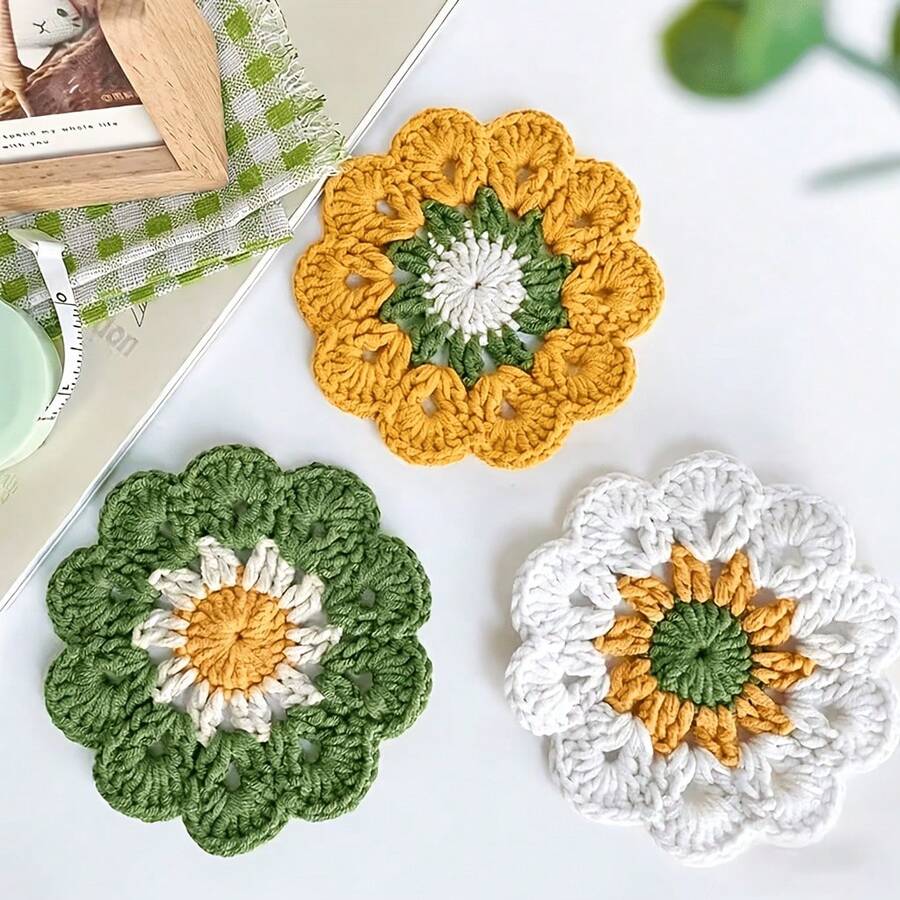 Set Of 3 Handmade Crochet Coasters For Kitchen And Dining Table Decor - Thick, Heat-Resistant Floral Table Protectors With Crochet Edges, Decorative Fabric Insulators For Hot Cups And Bowls, Rustic Table Accessories - Multicolor - View 1