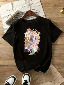 Fashionable Women's T-Shirt With Double-Sided Anime Letter Print - Short Sleeve T-Shirt, Round Neck, Comfortable And Casual, 100% Cotton. - 黑色 3 - 查看 1