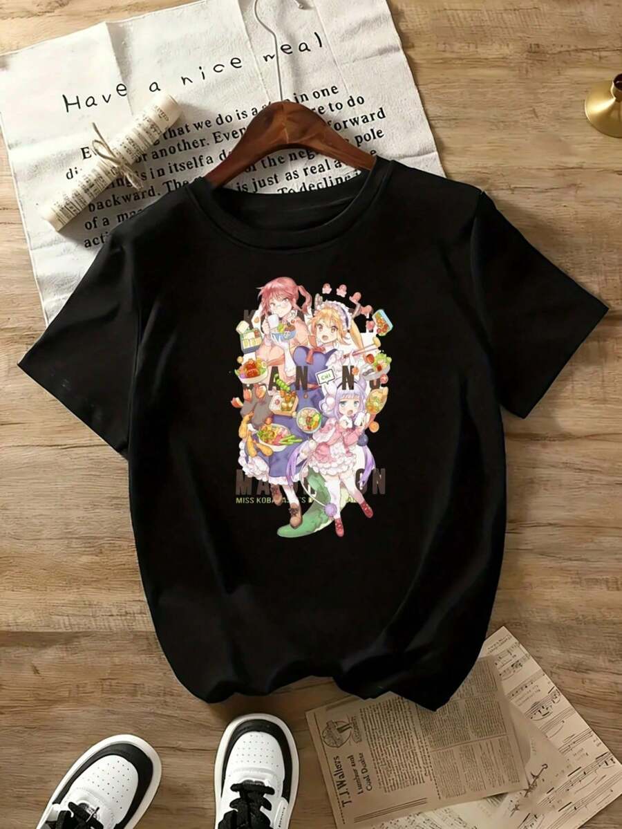 Fashionable Women's T-Shirt With Double-Sided Anime Letter Print - Short Sleeve T-Shirt, Round Neck, Comfortable And Casual, 100% Cotton. - 黑色 3 - 查看 1