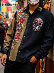 Camisa de manga larga para hombre con estampado de calaveras, ideal para un estilo casual o para ocasiones festivas. Camisa de secado rápido | Camiseta con diseño del Día de los Muertos - Azul - Ver 4