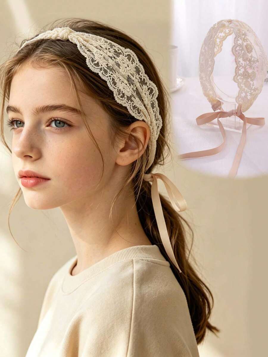 1入春夏女孩蕾絲發帶,適用於度假 - 米色 - 查看 1
