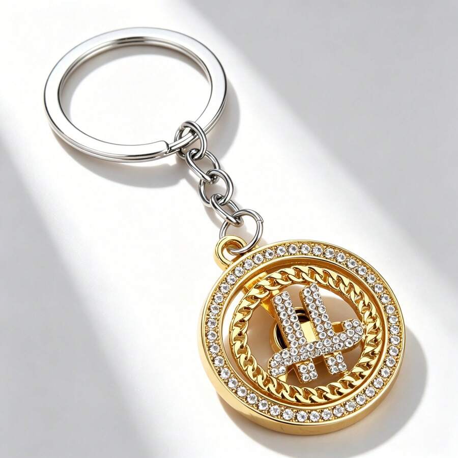 1pc Rotating Rial Symbol Keychain, Zinc Alloy Material, Inlaid With Luxurious High-End Rhinestones, Rotating Key Pendant And Elegant Daily Accessory - Yellow Gold - View 1