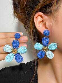 imoli 1 Pair/Fashion Bohemian Color Vacation Gradient Multicolor Handmade Raffia Flower Five-Petal Earrings Suitable For Women's Summer Beach Party Jewelry Gift - Multicolor - View 2