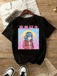 Fashionable Women's T-Shirt With Double-Sided Anime Letter Print - Short Sleeve T-Shirt, Round Neck, Comfortable And Casual, 100% Cotton. - 黑色 2 - 查看 1
