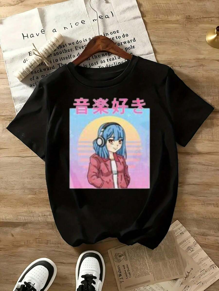 Fashionable Women's T-Shirt With Double-Sided Anime Letter Print - Short Sleeve T-Shirt, Round Neck, Comfortable And Casual, 100% Cotton. - 黑色 2 - 查看 1