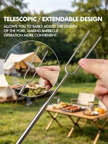 1pc/6pcs Stainless Steel Extendable BBQ Forks, 32.3cm Heat-Resistant Long Handle Double-Pronged Skewers, High Temperature Resistant And Easy To Clean, Suitable For Camping BBQ, Home Garden, Roasting Marshmallows, Chocolate Fondue, Home/Outdoor Universal, Multi-Functional Roasting Tool - BBQ Skewers - View 6