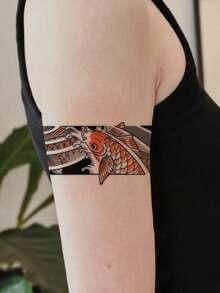 1pc Retro Ukiyo-E Koi Fish And Wave Armband Tattoo Sticker, With Realistic Tattoo Design. Suitable For Travel, Music Festivals, Games, Graduation Gifts. Lasts For 3-5 Days. - Multicolor - View 5