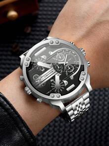 1pc Men's Multi-Time Zone Quartz Watch, All Black Large Dial Multi-Function Alloy Band Wristwatch, Street Style Cool Sports Watch, Versatile Gift, Watch Box Not Included - Silver - View 3