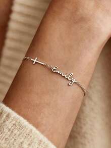 1pc Personalized Name Cross Bracelet With Birthstone, Delicate Gold Cross Bracelet, Mother's Day Gift, Customized Name Bracelet, Easter Gift, Personalized Gift, Customized Gift, Gift For Loved Ones, Gift For Partners, Personalized Birthday Flower, Anniversary Gift - Multicolor - View 9