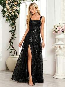 XUCTHHC Sleeveless Sequin High Slit Thigh Black Formal Prom Gown,Elegant Party Evening Dress,For Birthday,Wedding Guest,Graduation,Festiva,Fall - Black - View 10