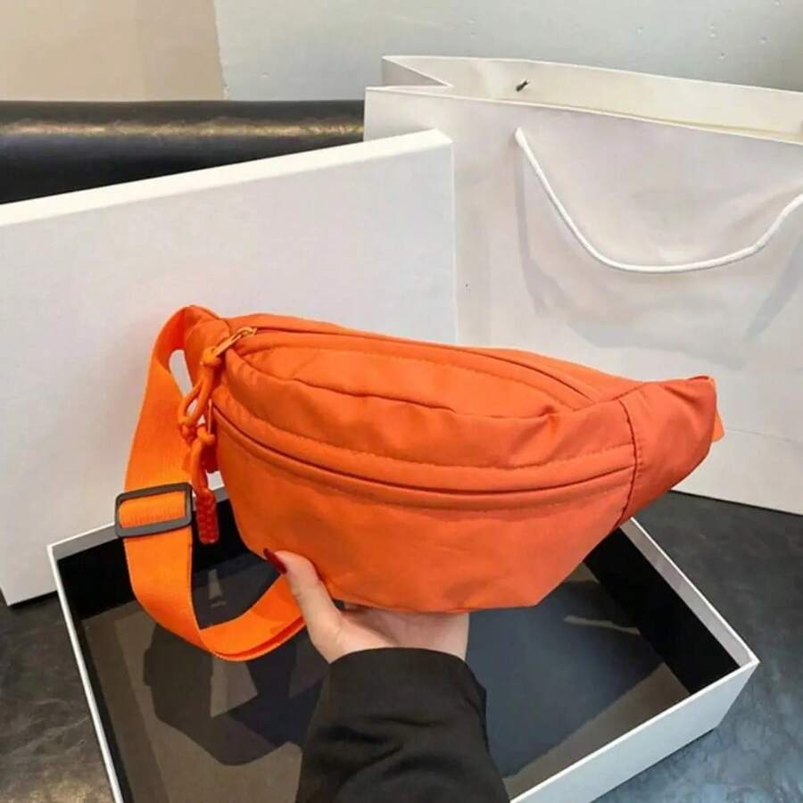 Casual Nylon Canvas Crossbody Bag With Zipper, Korean Style, Canvas Chest Bag, Banana Bag, Handbag, Fanny Pack For Women/Girls - 橘色 - 查看 1