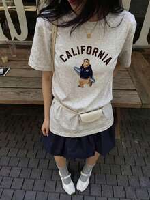 Women's Fashion Summer Round Neck Casual Versatile Letter & Cartoon Bear Print Short Sleeve T-Shirt - Light Gray - View 3