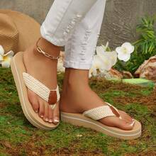 Chanclas de verano de suela gruesa para mujer, chanclas planas, punta abierta, estilo minimalista versátil, adecuadas para vacaciones en la playa y moda de viaje - Beis - Ver 5