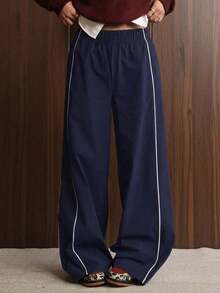 FWH Daily Essential Pants Street OOTD, Women's Fitness Yoga Workout Running Sports Long Pants Wide Leg Pants Fall - Navy Blue - View 2