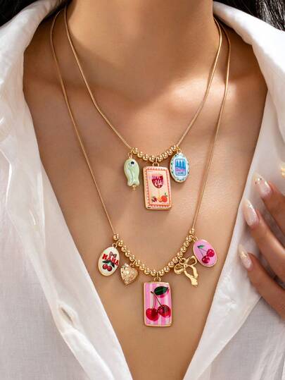 1/2Pcs Colorful Cherry Charm Layered Necklace For Women - Gold Plated Snake Chain With Fruit & Whimsical Charms, Jewelry For Everyday & Occasion Wear