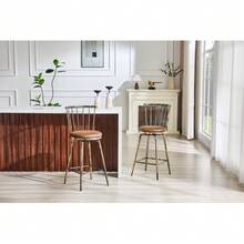 Modern Windsor-Style Metal Bar Stool With Padded Seat, Ideal For Kitchen Islands, Bars, And Restaurants; Industrial-Style Bar Stool At Bar Height; Vintage And Minimalist Style - Brown 1 - View 2