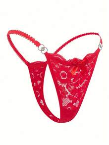 1 Floral Lace Thong | Women's Sexy Underwear And Lingerie With Contrasting Lace Details, Breathable And Comfortable With Open Tie - 紅色 - 查看 3