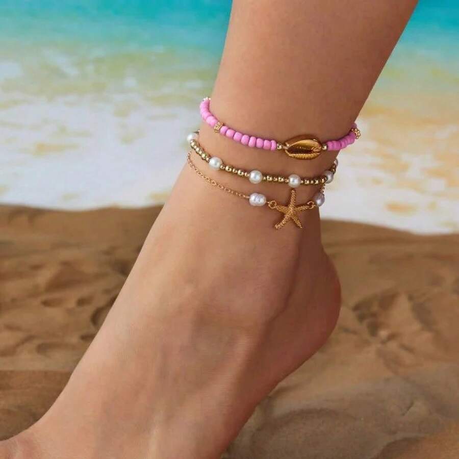 Women's Starfish Shell Anklets, Bohemian Ankle Bracelet, Rice Bead Leg Bracelet, Handmade Foot Chain, Bohemian Jewelry, Sandals, Gift - AK25Y0092 - View 1