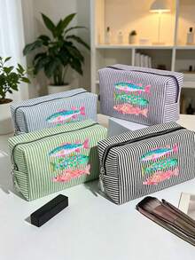 Seersucker Small Makeup Bag, Striped Embroidered Makeup Bag, Large Capacity Cosmetic Storage Bag, Travel Toiletry Bag, Perfect For Beach Trips, Swimming, Shopping And Daily Use, Suitable For Women, Travelers And Beach Lovers, Perfect For Spring Break, Easter, Mother's Day, Vacation And Gift Giving, Woven Material, Can Be Used As A Beach Bag, Shopping Bag And Travel Companion - Multicolor - View 6