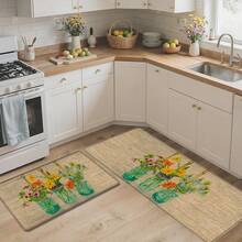 1 pieza, Decoración del hogar, Estampado de patrón floral, Alfombra de lino para cocina, Tapete de cocina, Tapete de piso, Tapete de baño, Tapete de puerta, Impresión 3D rectangular, Adecuado para sala de estar, dormitorio, pasillo, baño, lavandería - Alfombra de poliéster, Adecuado para decoración del hogar interior y exterior - Multicolor - Ver 3