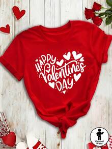 Camiseta de manga corta con estampado festivo de San Valentín, corte regular y cuello redondo, ropa de mujer para primavera/verano, estilo casual para exteriores, tela ligera y transpirable, - Rojo - Ver 2