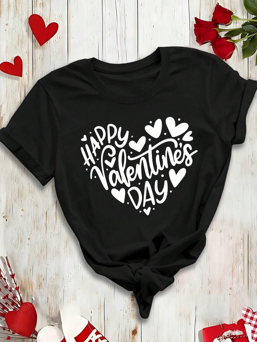 Short-Sleeved T-Shirt With Festive Valentine's Day Print, Regular Fit And Round Neck, Women's Clothing For Spring/Summer, Casual Outdoor Style, Lightweight And Breathable Fabric. - 黑色 - 查看 1