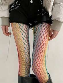 Rainbow Gradient Fishnet Thigh High Stockings, Colorful Hollow Mesh Over-The-Knee Socks, Fashion Nightclub Party Cosplay Women's Hosiery, 1/2 Pairs - Multicolor - View 18