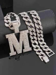 Rhinestone Large Letter M Pendant Cuban Chain, Men's Hip Hop Shiny Diamond Necklace Jewelry - M Pendant Necklace - View 3