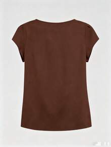 1pc Elegant Short Sleeve Solid Color Woven Fabric Pleated Decor Women Top, Suitable For Vacation, School, Date, Spring/Summer - Coffee Brown - View 5