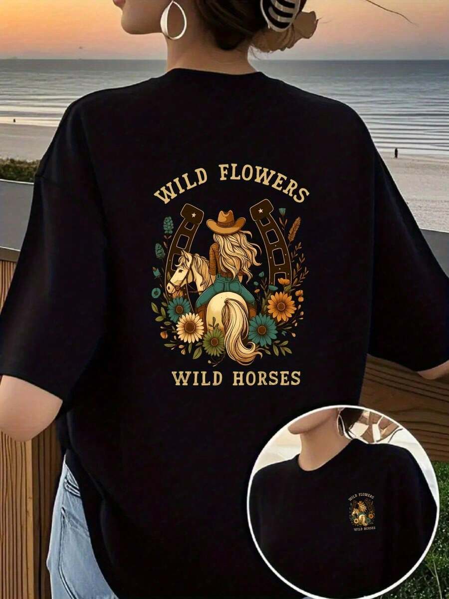GiftCamia estampada por delante y por detrás, con diseño de flores silvestres y caballo salvaje, de cuello redondo y manga corta para mujer, estilo casual moderno y a la moda, top estampado - Negro - Ver 1