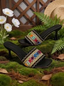 1 Par de Sandálias Slide Femininas Pretas Estilo Boêmio com Bordado Colorido, Tecido Trançado e Contas, Salto Kitten, Slip-On, Estilo Casual de Verão para Férias - Multicolorido - Visão 6