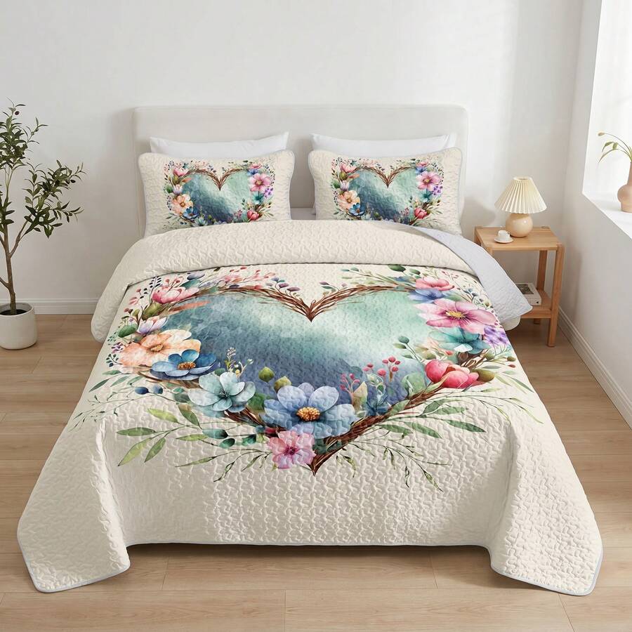 2/3PCS Floral Heart Bohemian Sunflower Quilt Set,Bedspread, Lightweight, Machine Washable, Easy Care, Multiple Sizes Available - White Heart - View 1