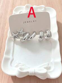 Cool Silver Ocean Series Earring Set, High-End Starfish & Flower Earring Set - Silver - View 7