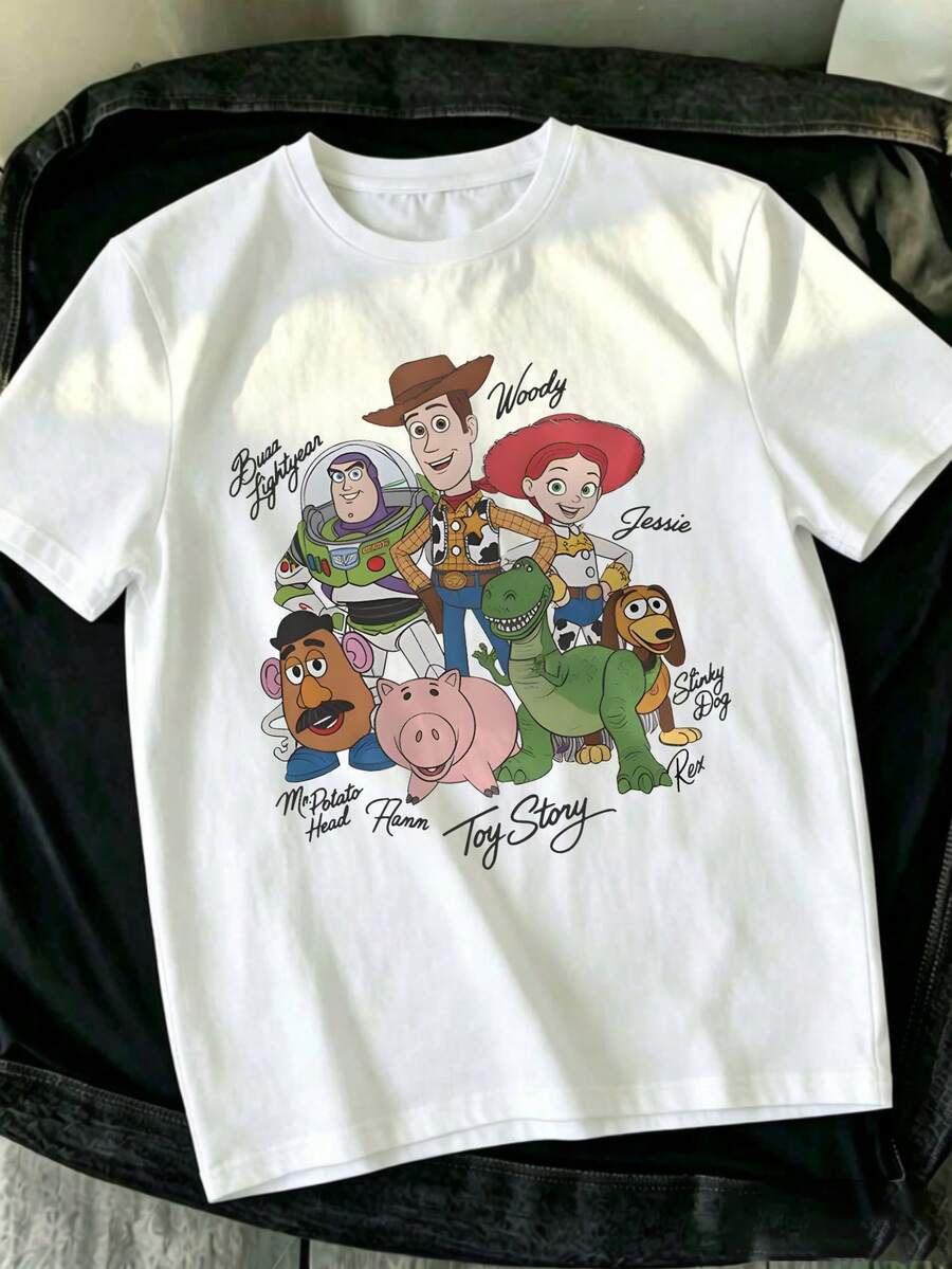 Disney Toy Story Men's Cotton Tee With Character Names Print, Featuring Woody, Buzz And Friends, Soft Fabric For Casual Daily Wear. - 白色 - 查看 1