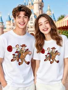 Disney Officially Licensed Toy Story Woody & Jessie Horseback Couple Tee, Cotton Oversized White Casual Tee For Versatile Styling - 男人 - 查看 1