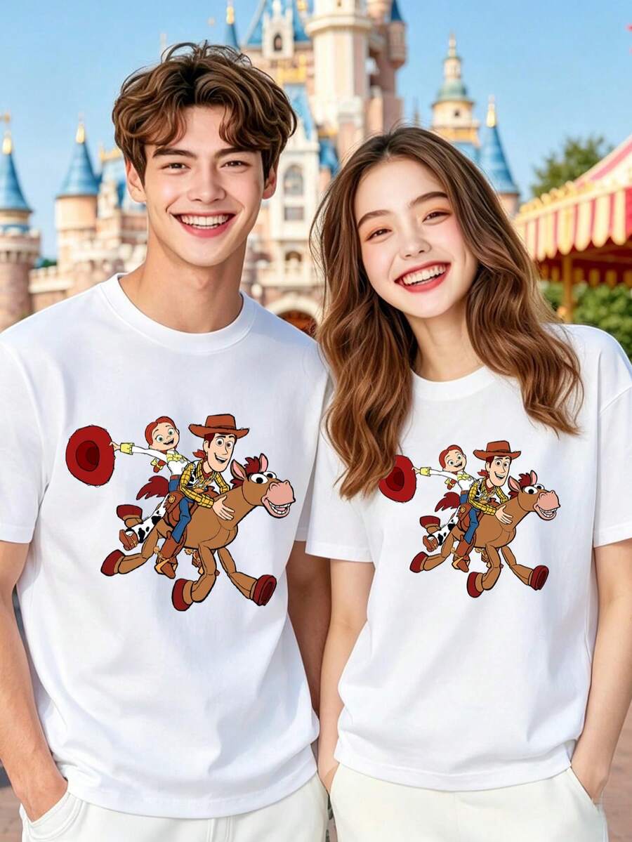 Disney Officially Licensed Toy Story Woody & Jessie Horseback Couple Tee, Cotton Oversized White Casual Tee For Versatile Styling - 男人 - 查看 1