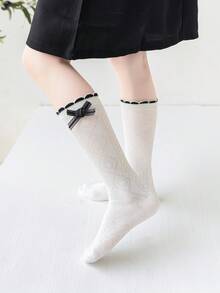 3雙女孩透氣百搭春夏季小腿襪，甜美蕾絲蝴蝶結飾邊兒童襪，適合日常休閒穿著 - 白色 - 查看 5