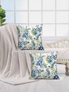 1/2pcs Vintage Blue Branch & Leaf Throw Pillow Cover, Blue-Green Gradient Leaf With Blue Small Flower, Versatile Decorative Cushion For Living Room & Bedroom, Pillow Insert Not Included - Multicolor - View 8