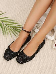 Women's Square Toe Lace Ballet Flats, Elegant Bow Decor Breathable Mesh Slip-On Flat Shoes, Casual Daily Commute Soft Sole Walking Shoes - Black - View 2
