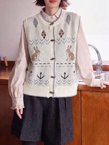 Women's Casual Retro Funny Pattern Round Neck Knit Cardigan Vest Top, Autumn/Winter Fall - Beige - View 3