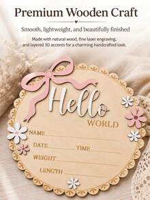 1pc "Hello World" Wooden Baby Birth Announcement Plaque, Pink Floral Newborn Name Date Time Weight Length Board, Baby Girl Nursery Decor Photo Prop, Welcoming Party Decoration & Keepsake - Pink - View 10