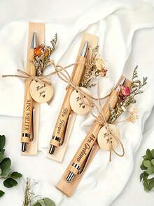 [Customized]2pcs Customized Bamboo Ballpoint Pen Set With Eternal Flowers, Engravable Name, Perfect Gift For Graduation, Christmas And Teacher's Day, Suitable For All Four Seasons - Sets - View 5