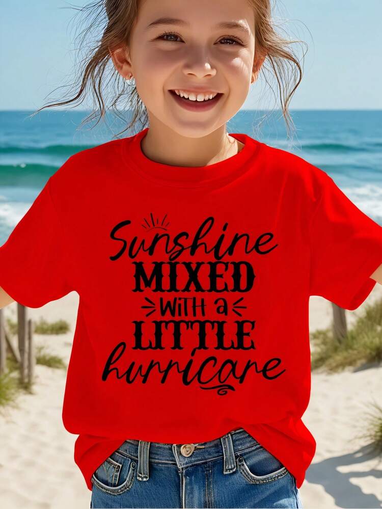 Casual Short Sleeve T-Shirt With Simple Letter Print "Girl Sunshine MIXED With A LITTLE Hurricane" - Versatile - 紅色 - 查看 1