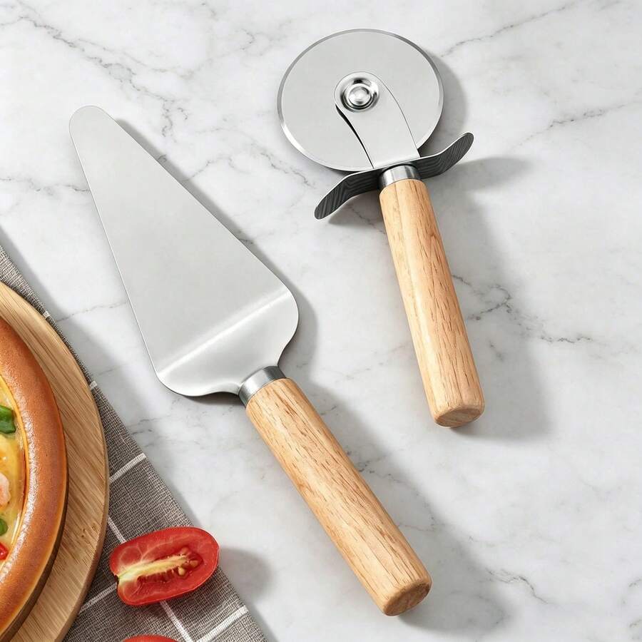 1pc/2pcs Heavy Duty Stainless Steel Pizza Cutter Wheel, Ultra Sharp With Ergonomic Wooden Handle Baking Tool, Suitable For Pizza, Pie, Dough And Pasta - Multicolor - View 1