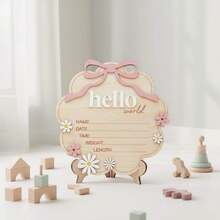 1件裝木製「Hello World」公告板附粉色蝴蝶結，雲朵形花卉日期時間重量長度板，適合房間攝影道具 - 1PC - 查看 5